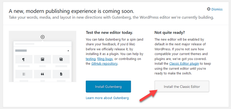Gutenberg Nag Screen - Install Classic Editor Plugin